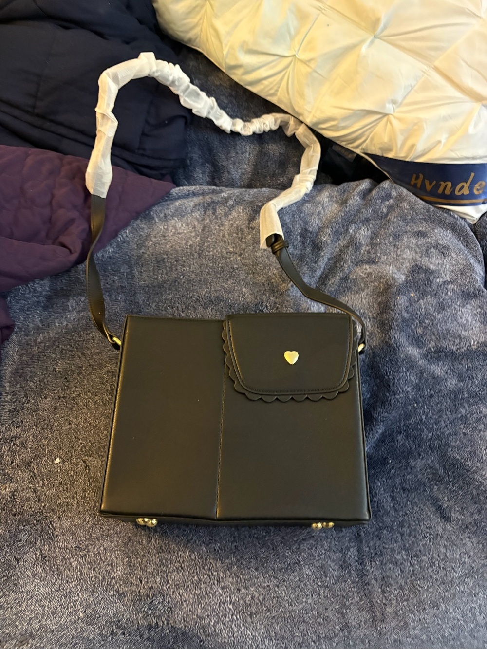 Black Crossbody Bag with Heart Accent - Women